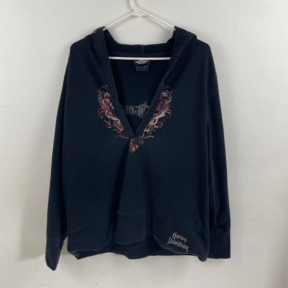 Harley-Davidson Black Pullover Hoodie with Red Orange Graphic